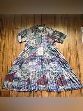 NATURAL LIFE Rebecca Midi Dress in a Blue Patchwork print Size XL